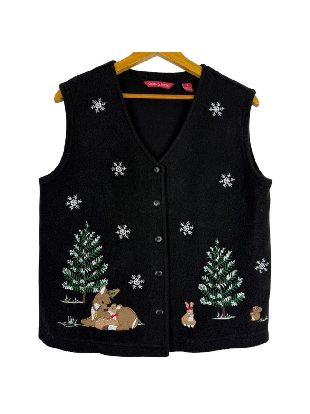 Merry & Bright Black Fleece Holiday Vest Womens Small Deer Woodland Winter Trees